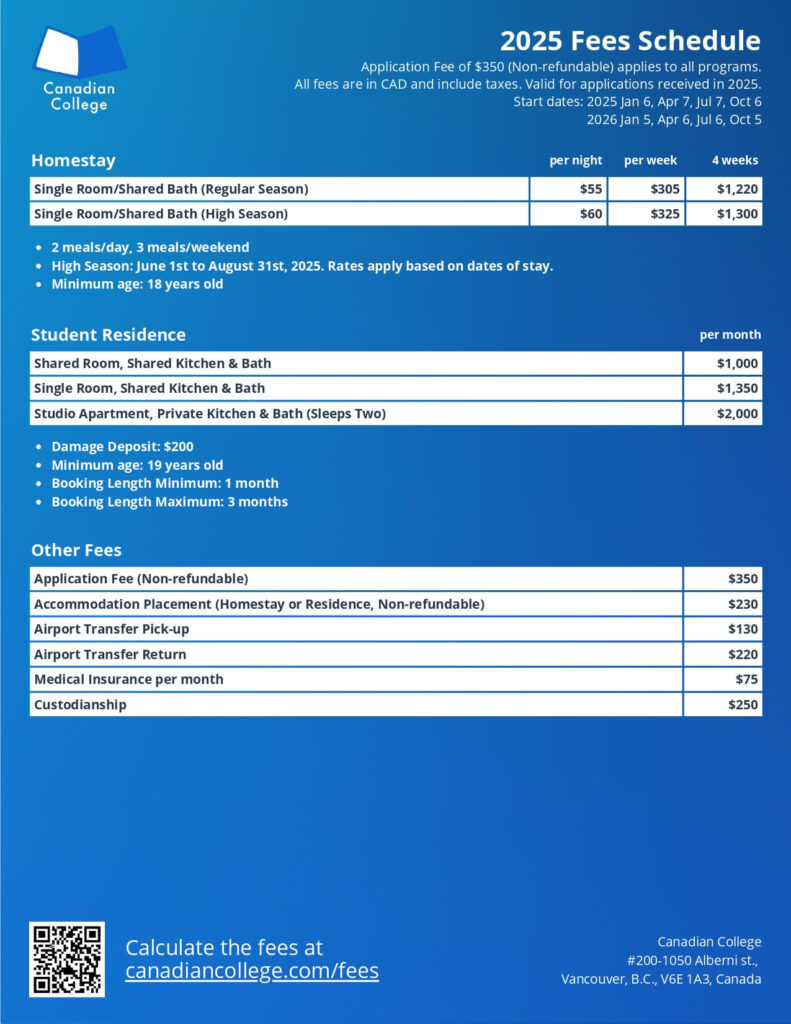Canadian College 2025年料金表(2)